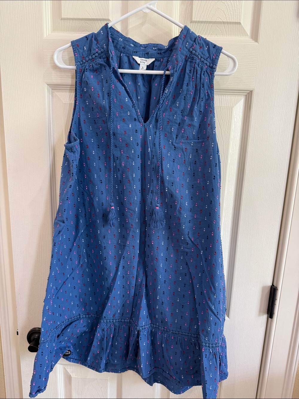 crown & ivy blue dotted embroidered V-neck dress
